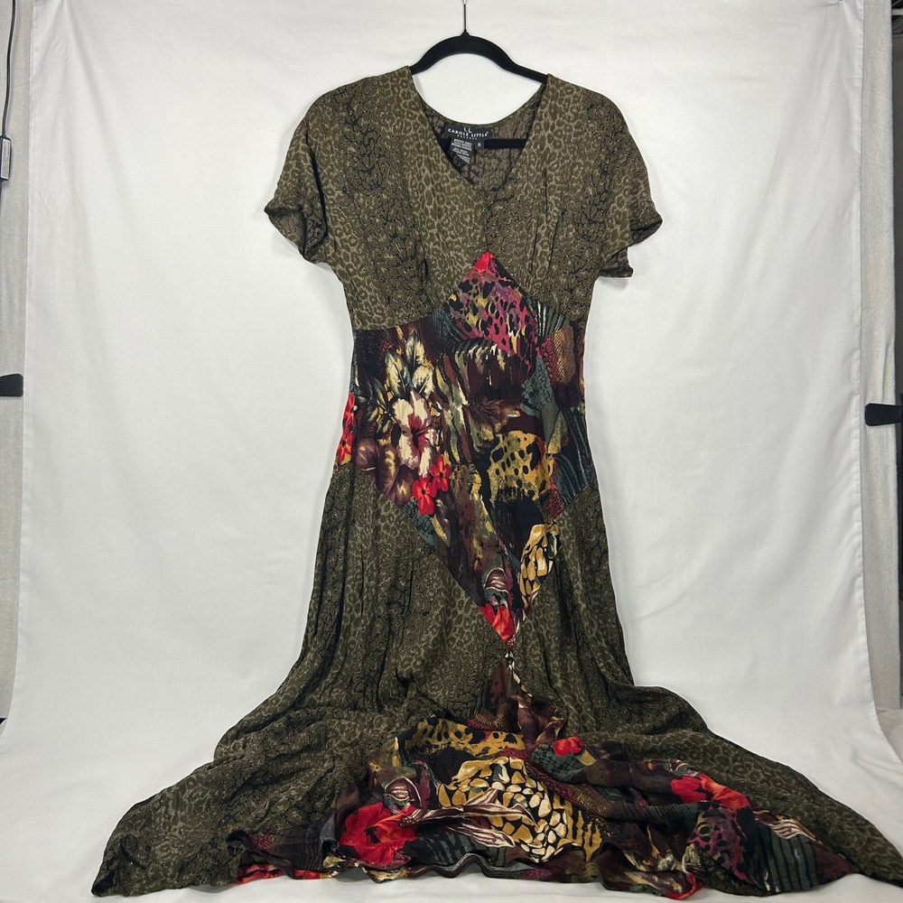 Carole Little Vintage Midi Dress Size 6 Green Floral Animal Print Rayon